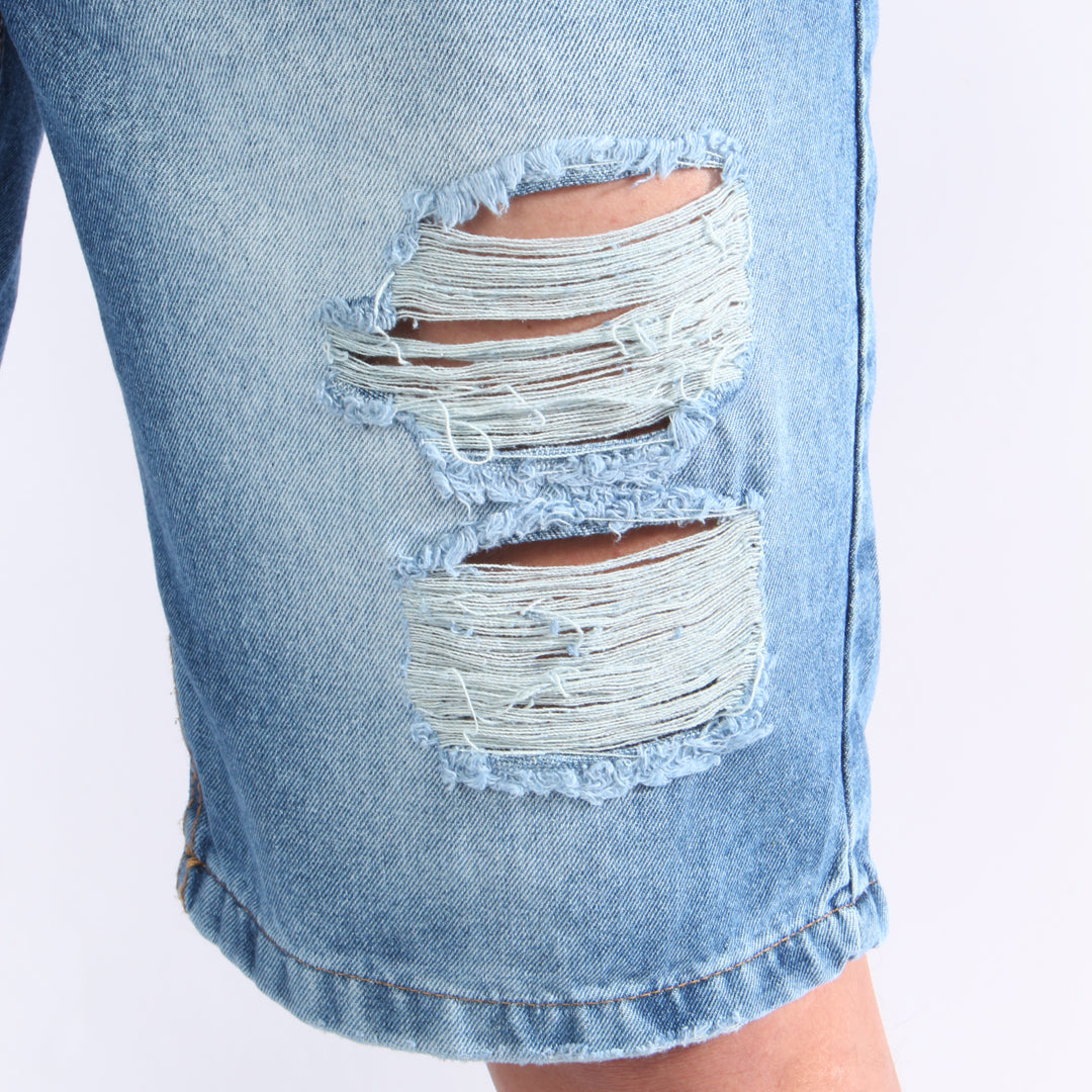 Bermuda de Jean Rígida | Denim Resistente con Detalles Desgastados