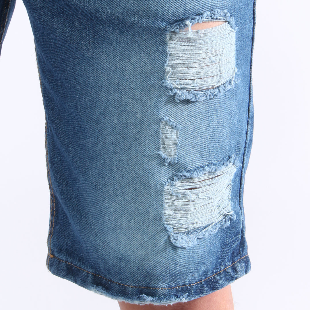 Bermuda de Jean Rígida | Denim Resistente con Detalles Desgastados
