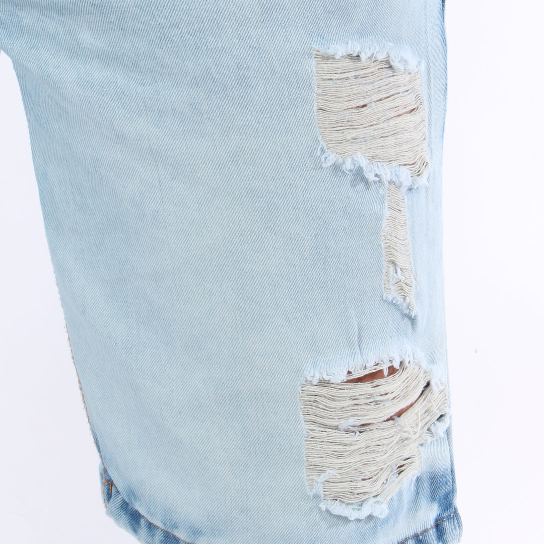 Bermuda de Jean Rígida | Denim Resistente con Detalles Desgastados